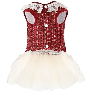 Elegant Dog Plaid Tulle Dress Puppy Skirts Cat Outfits Pet Winter Apparel Clothes for Small Medium Dogs Girl Costume Doggie Birthday Wedding Party Gown (Burgundy, S) - Image 2