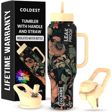 Coldest Tumbler with Handle and Straw, 100% Leak Proof Insulated Tumbler with Lid and Straw (3 Lids), Stainless Steel Tumblers for Women & Men, Cup Holder Friendly, 46 oz (Garden of Life) - Image 1