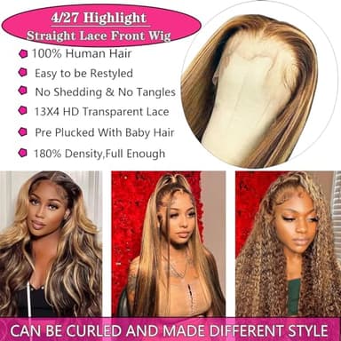Ombre Lace Front Wig Human Hair 28inch Highlight 13x4 HD Straight Lace Front Wigs 180% Density 4/27 Colored Honey Blonde HD Lace Frontal Wigs For Women Glueless Pre Plucked with Baby Hair - Image 3