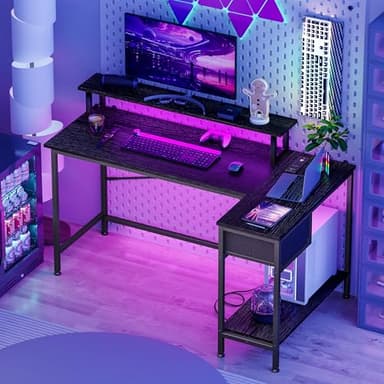 Fixwal Gaming Desk for Bedroom L Shaped Small Corner Computer Desk with Power Outlets and LED Lights, PC Desk, Home Office Desks with Drawer, Writing Desk Study Desk, Black - Image 2