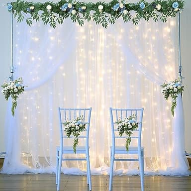 White Tulle Backdrop Curtain with Lights String for Parites 10×8ft Sheer Backdrop Curtains White Curtain Backdrop for Wedding Baby Shower Birthday Party Photo Shoot Decorations(2 Panels 10ft×8ft) - Image 2