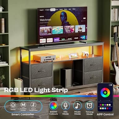 Huuger TV Stand Dresser with Power Outlets and LED Lights, 4 Drawers Entertainment Center with Shelf, 54 Inch Media Console for 55 60 Inch TV, 4 AC Outlets, 2 USBs, Dresser with PU Finish, Black - Image 2