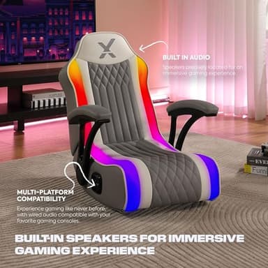 X Rocker Emerald RGB LED Youth Floor Rocking Video Gaming Chair with Headrest Speakers, Armrests, Foldable, Vegan Leather, 300 lbs Max, Amazon Exclusive, Gray - Image 5