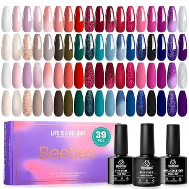 Beetles Halloween Gel Polish Set 39Pcs Red Burgundy Blue Green Nude Pink Purple Gel Nail Polish with Base Matte Glossy Top Coat for Manicure Lovers DIY at Home Gift for Women Enchanted Jewelry - Image 9