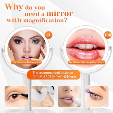 vpu Vanity Makeup Mirror with Lights, 10X/1X Double Sided Magnifying Light up Desk Mirror with Stand Cosmetic Organizer, 3 Color Brightness Adjustable 360° Rotation Detachable for Travel - Image 2