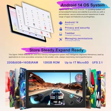 Dghrti 2025 Android 14 Tablet 10 inch, 22G RAM+128G ROM/1TB Expansion, 8000 mAh Battery, Octa-Core, 1280 * 800 IPS HD Screen, Face Unlock, Widevine L1, 2 in 1 Tablet with Keyboard Mouse - Metal Gray - Image 3