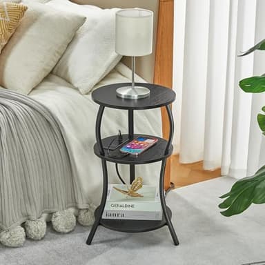 Small Round Side Table with Charging Station, 3-Tier Waist Circular End Table with Storage Shelf, Compact Tea Sofa Side Table Small Spaces, Round Corner Coffee Table for Living Room Bedroon,Black - Image 7