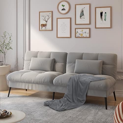 COMHOMA Convertible Sofa Bed,68″Fabric Couch with Adjustable Backrest,Loveseat Recliner Sleeper Living Room Furniture futon Set,Grey - Image 1