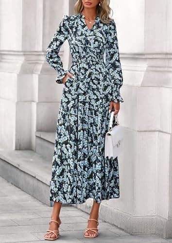 PRETTYGARDEN Women's Floral Maxi Dress 2025 Fall Long Sleeve V Neck Casual A Line Long Flowy Boho Party Dresses (Floral Blue Yellow,Medium) - Image 7