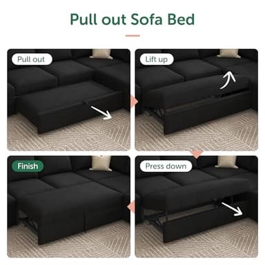 HONBAY Sectional Sleeper Couch with Pull Out Bed, U Shaped Sectional Sofa with Storage, Modular Velvet Sectional Couches for Living Room, Black - Image 6