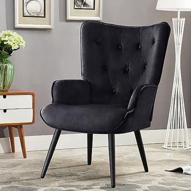 Furniliving Velvet Accent Chair Modern Upholstered Side Armchair with Tapered Legs Tufted Button Wingback Sofa Chairs Tall Back Reading for Living Room Bedroom Waiting Room, Black - Image 7
