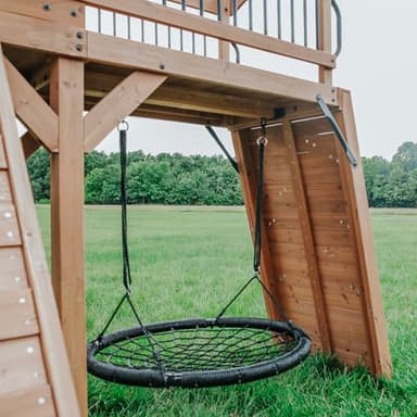 Backyard Discovery Sterling Point Cedar Wood Swing Set with Wave Slide, Raised Clubhouse, Wooden Bridge, Rock Wall, Belt Swings, Web Swing, Trapeze, Balcony, Climbing Wall, Ladder, Outdoor Playset - Image 5