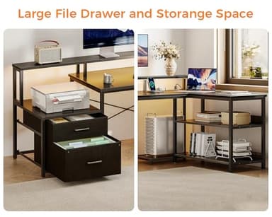 ODK L Shaped Desk with File Drawer, 75" Reversible L Shaped Computer Desk with Power Outlet & LED Strip, Office Desk with Storage Shelves, Gaming Desk with Monitor Shelf, Corner Desk, Black - Image 4