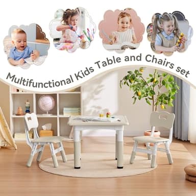GITAWUSA Kids Study Table and Chairs Set, Height Adjustable Toddler Table and Chair Set for Kids Ages 3-8, 23.6" L x 23.6" W Graffiti Desktop Plastic Children Art Table with 2 Seats, Burlywood - Image 5
