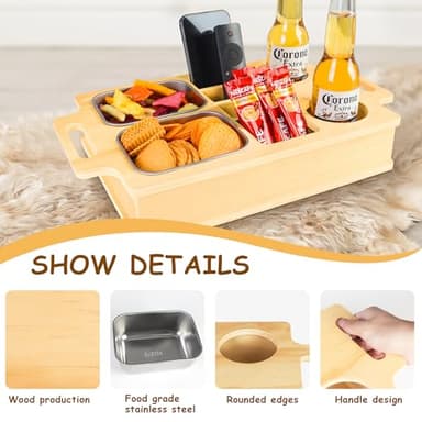 Couch Cup Holder, Movie Nights Supplies, Wooden Couch Caddy with Stainless Steel Snack Fruit Tray for Bed RV Organizer, Cup Drink Storage Anti-Spill Sofa Cup Holder for Phone Snacks Beverage Remote - Image 4