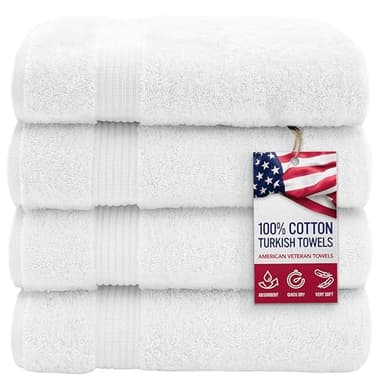 American Veteran Towel, 100% Cotton Turkish Bath Towels for Bathroom 4 Pack, 27x54 Extra Large Premium Soft Drying Bathroom Towels, White - Image 1
