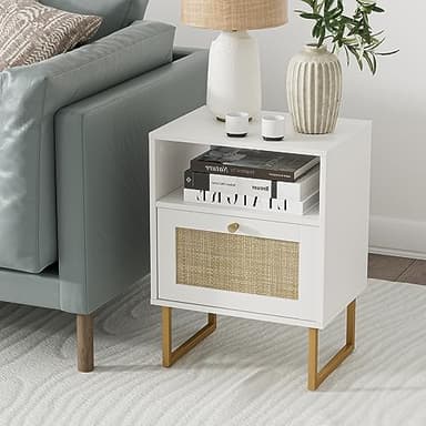 Masupu Rattan Nightstand,Modern Boho Farmhouse Wood Bedside Table with Storage Drawer and Open Shelf,Small Gold Frame Side End Table for Bedroom,Living Room,Office(White - Image 5