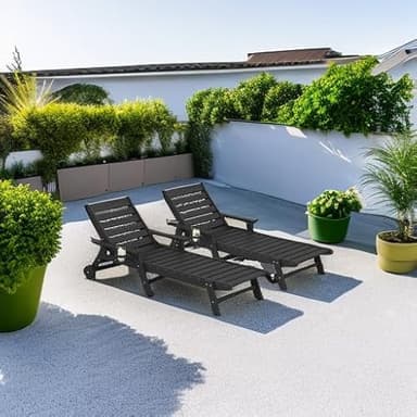 SERWALL Patio Chaise Lounge Chair Set of 2, 78'' Long 5-Positions Adjustable HDPE Outdoor Lounge Chair with Rolling Wheels & Cup Holder for Poolside, Deck, Obsidian Black - Image 2