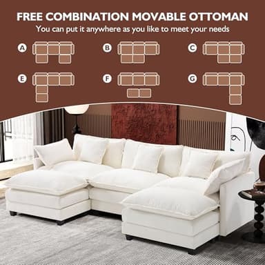 Ihanherry 111.4" U Shaped Cloud Couch Modern Modular Sectional Sofa with 2 Ottoman, 5-Seat Chenille Deep Seat Sofa with 5 Pillows for Living Room, Bedroom and Apartment, Beige - Image 5
