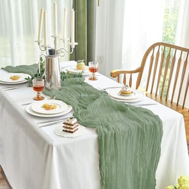 IVAPUPU 2 Pcs Cheesecloth Table Runner - 10ft Sage Green Boho Gauze Cheese Cloth Table Runners for Baby Shower Decoration Wedding Party Summer Garden Farmhouse - Image 8