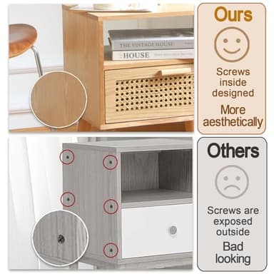 MaxSmeo Bedside Table, Small Nightstand with Charging Station, Rattan Side Table Wood End Table for Living Room, Bedroom and Small Spaces, Mid Century Modern Nightstand, Easy Assembly (Natural) - Image 5