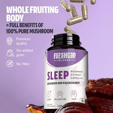 FreshCap 5-in-1 Sleep Supplement, Magnesium for Sleep, Magnesium Supplement, Calm, 7000mg Reishi Mushroom Extract, Valerian Root Capsules, Valerian Root Extract, Ayurveda (120 Capsules) - Image 5