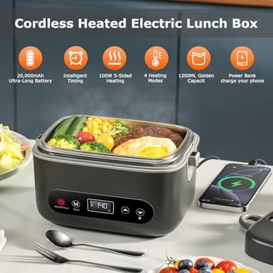 THZDMI 1.2L Cordless Electric Lunch Box – 20000mAh Rechargeable Portable Food Warmer with 5-Sided Heating, Auto Temperature Control, Leakproof & BPA-Free – Perfect for Office, Truck, Outdoors Black - Image 2