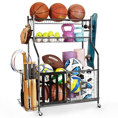 Mythinglogic Garage Sports Equipment Organizer, Baseball Storage Large Capacity, Sports Organizer for Garage with Hooks and Baskets, Ball Storage Rack for Football, Soccer Ball, Bat, Toys - Image 1