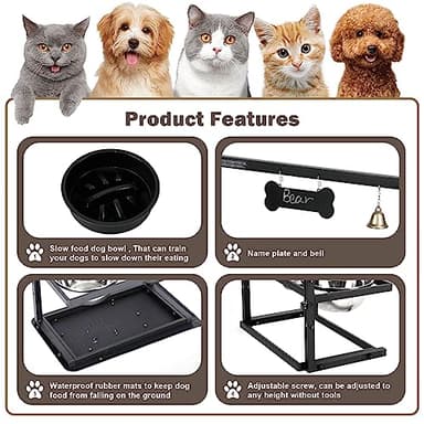 Elevated Dog Bowls with Slow Feeder for Large Dogs – Adjustable Raised Stand with 2 Stainless Steel Bowls & Spill-Proof Mat, Non-Slip Dog Feeder for Large & Medium Dogs (Black) - Image 4