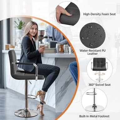 Yaheetech Bar Stools Set of 2, Adjustable PU Leather Swivel Barstools, Modern Counter Stools with Back and Footrest, Counter Height Barstools for Bar, Kitchen, Dining Room, Grey - Image 6