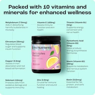 KEY NUTRIENTS Multivitamin Electrolytes Powder No Sugar - Fresh Pink Lemonade Electrolyte Powder - Endurance & Energy Supplement - Hydration Powder - No Calories - 90 Servings - Made in USA - Image 4