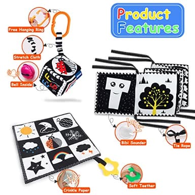 KUANGO 3 PCS Black and White High Contrast Baby Toys Newborn Toys 0-6 Months, Visual Stimulation Sensory Soft Book, Infant Tummy Time Toys 0-3-6 Months Baby Gifts - Image 3