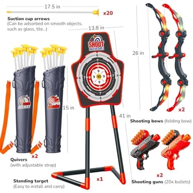 GMAOPHY 2 Pack Bow and Arrow Toy for 5 6 7 8 9 10 11 12 Year Old Boys, Birthday for Kids, Indoor Outdoor Sport Games Toys for Ages 4-8 8-12, LED Light Up Archery Set with 20 Toy Arrows (Red) - Image 7