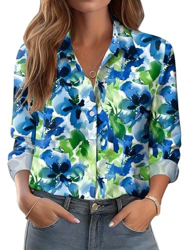 Zeagoo Button Down Shirts for Women Business Casual Blue Floral Dressy Tops Long Sleeve Work Blouses Spring Outfit - Image 1