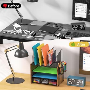 4-Tier Mesh Desk Organizer, Wooden Desk File Organizer with 5 Vertical File Holders and 2 Pen Holders, Desktop Organizers and Accessories with Drawer for Home Office - Image 7