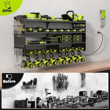 POKIPO Large Power Tool Organizer Wall Mount with Charging Station,4 Layer Heavy Duty Metal Tool Storage Rack Loads 600lbs with 8 Cordless Drill Holder,Battery Utility Rack Loads with 4 Power Strip - Image 6