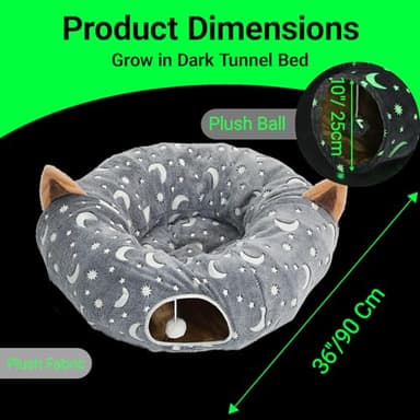 LUCKITTY Cat Tunnel Bed Under Christmas Tree with Plush Ball Toy Playground Crinkle Collapsible Self-Luminous Flannel Fabric 3FT for Large Cats Kittens Kitty Small Animals Puppy Grey Moon Star - Image 5