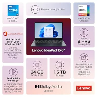 Lenovo IdeaPad Laptop 2025 Business Computer, 15.6" FHD Touchscreen, 24GB RAM, 1.5TB Storage (1TB SSD +500GB Ext), 10-Core Intel Core i5, Long Battery, HubxcelAccessory Win 11 Pro Lifetime Office 2024 - Image 2