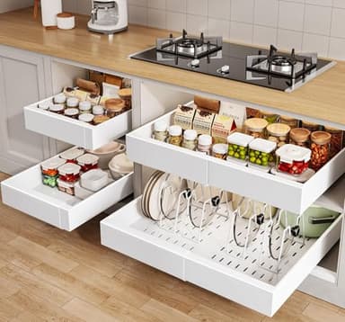 Seinloes 4 Pack Pull out Cabinet Organizer 21"Deep with Raising Pad for Framed Cabinets, Expandable Slide out Drawers for Kitchen Cabinets with 4pcs Divider Racks, Roll out Shelves 12.1"-20.4" W White - Image 1