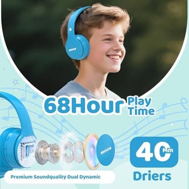MIDOLA Kids Headphones Bluetooth 5.4 Wireless 68H Play Time Volume Limit 85/94dB Over-Ear Foldable Headset,Type-C Fast Charging,with Wired Aux Mic for Toddler Child Pad Tablet Blue - Image 3