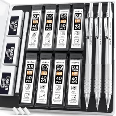 Nicpro 0.9 mm Metal Mechanical Pencil Set with Case, with 3PCS MP1000 0.9mm Drafting Pencil, 8 Tubes HB Lead Refills, 3PCS Eraser, Erasers Refills for Artist Writing, Drawing, Sketching, Silver - Image 1