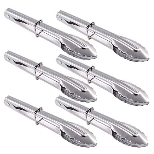 HINMAY Mini Stainless Steel Food Tongs with Silding Rings 7-Inch - Set of 6 - Small Clam Shell Service Tongs for Serving Appetizers, Desserts, Salads, Barbecue and Cooking (Silver) - Image 1