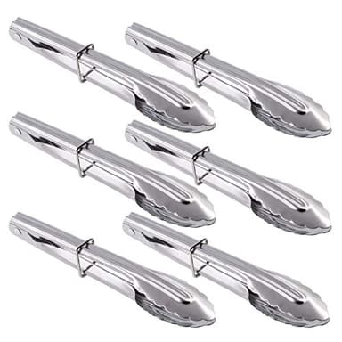 HINMAY Mini Stainless Steel Food Tongs with Silding Rings 7-Inch - Set of 6 - Small Clam Shell Service Tongs for Serving Appetizers, Desserts, Salads, Barbecue and Cooking (Silver) - Image 1