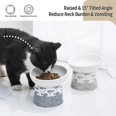 Tilted Ceramic Raised Cat Bowls, 8 OZ Elevated Food and Water Bowls,Porcelain Stress Free Pet Feeder Dish for Cats and Kittens, Puppies, 2 Pack(Black&Blue) - Image 5