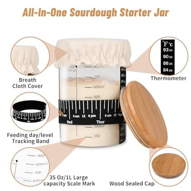 Xileanalee Pro Sourdough Starter Jar Kit 2 Packs-35 Oz Sourdough Bread Starter Jar Kit with Date Marked Feeding Band,Thermometer,Spatula,Cloth Cover& Lid for Sour Dough Bread Loaf (2 Pcs) - Image 2