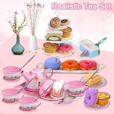 Tea Party Set for Little Girls,PRE-WORLD Princess Tea Time Toy Including Dessert,Cookies,Doughnut,Teapot Tray Cake, Tablecloth & Carrying Case,Kids Kitchen Pretend Play for Girls Boys Age 3-6 - Image 2