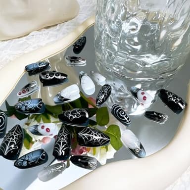 24pcs Halloween Press on Nails Medium Almond Fake Nails with 3D Spider Designs Spider Web False Nails French Tip Acrylic Nail Full Cover Glue on Nails for Women Holiday Nail Decoration - Image 5