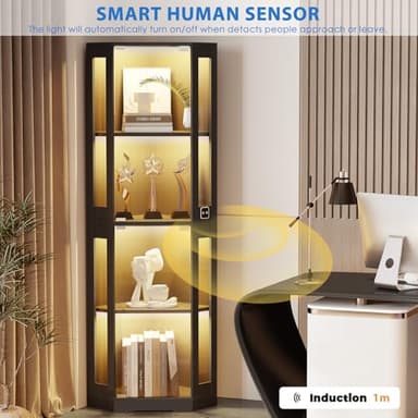 BROTTAR 65" Corner Glass Display Cabinet with LED Lights, 4-Tier Showcase Display Case with Glass Doors & Human Body Sensor for Collectibles, Liquor, Black - Image 6