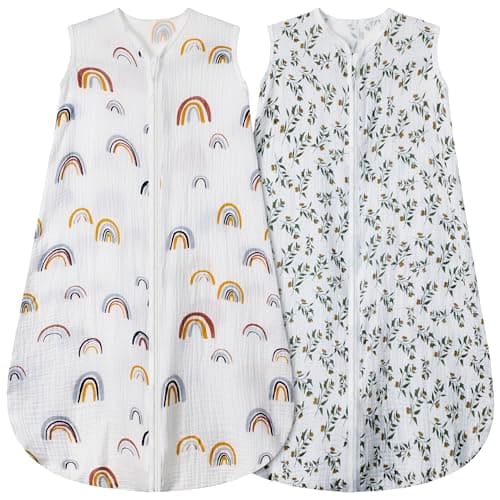 BSTOPPT 2 Pack Baby Sleep Sack 12-18 Months 100% Organic Cotton Muslin Baby Sleeping Bag 2-Way Zipper Wearable Blankets (Rainbow & Leaf, Large) - Image 1