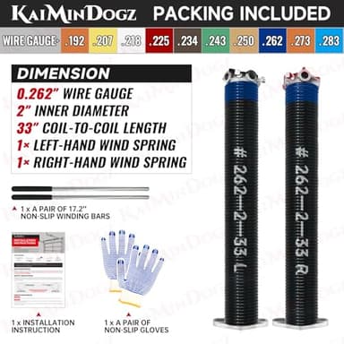 KaiMinDogz Pair of 2" Garage Door Torsion Springs Set with Non-Slip Winding Bar & Gloves,High Precision Electrophoresis Black Coated, for Replacement & Installation, MIN 16,000 Cycles (0.262x2''x33'') - Image 2